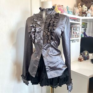 Vintage Scarlett shiny grey ruffled collared blouse - fairy grunge academia